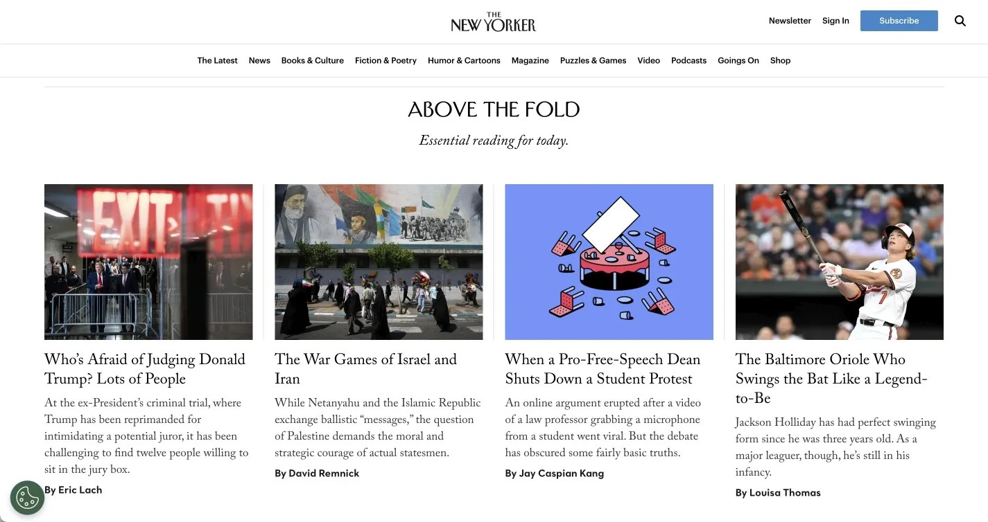 Startseite New Yorker, 4 Artikel im Vordergrund präsentiert