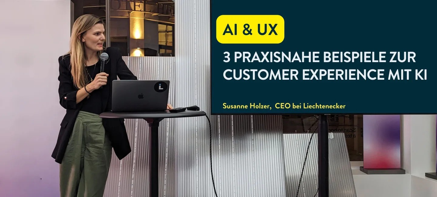 Susanne Holzer vor Laptop,  AI & UX. 3 Praxisnahe Beispiele zur Customer Expereience mit KI