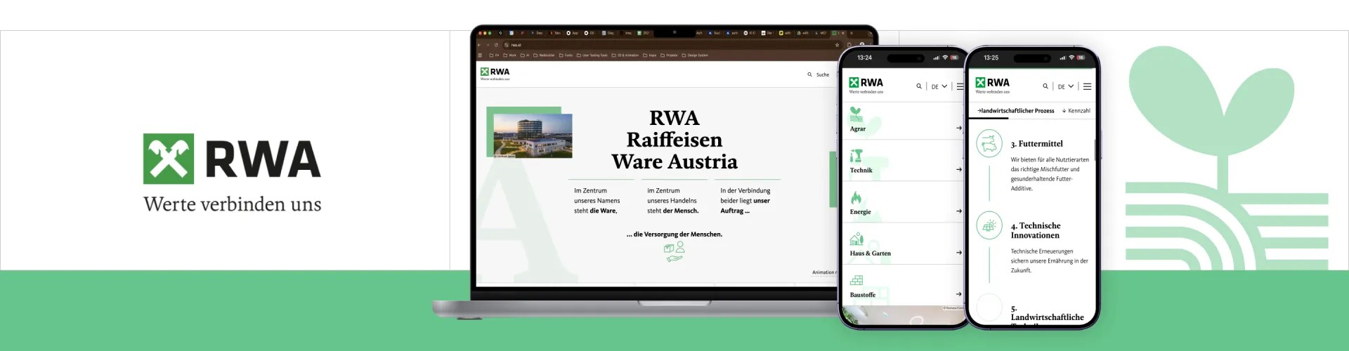 Screenshots eingebaut in einen Header mit grünem Rand und RWA Logo