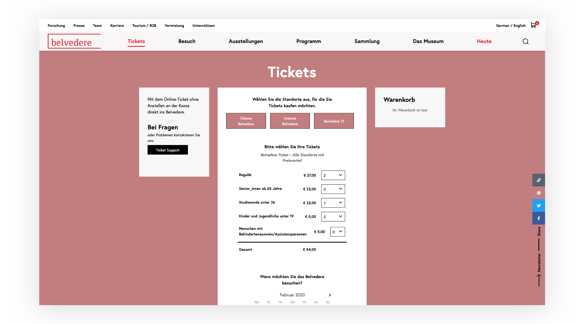 Screenshot des Ticketshops mit einem ausgefüllten Warenkorb.