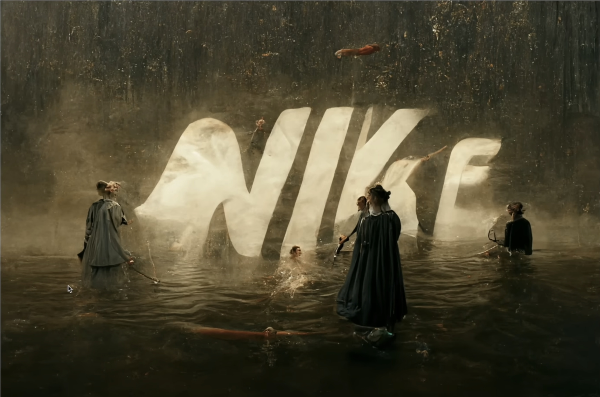 Nike Schriftzug in einem eher düsteren Bild mit Personen im Wasser